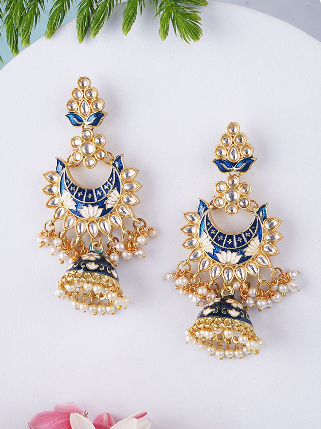 

Adwitiya Collection Gold-Plated Kundan Studded Meenakari Dome Shaped Jhumkas, Navy blue