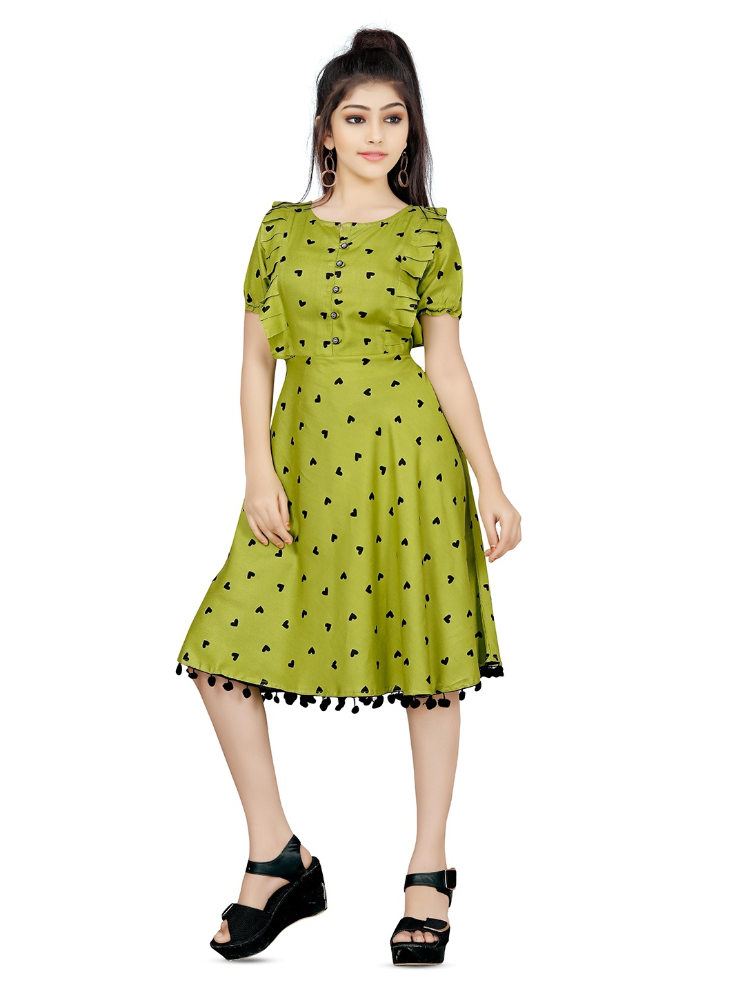 

kids villa Girls Conversational Printed Fit & Flare Dress, Green