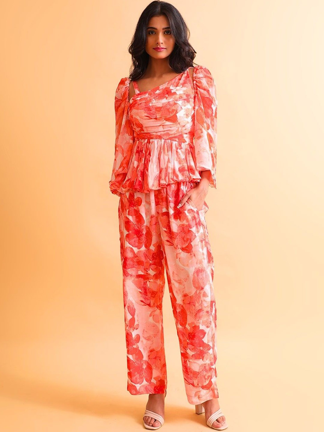 

NH KAPDEWALA Floral Printed One Shoulder Top With Trousers, Peach