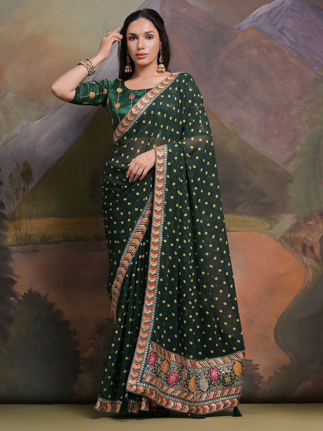 

Krimmple Bandhani Sequinned Pure Georgette Saree, Green