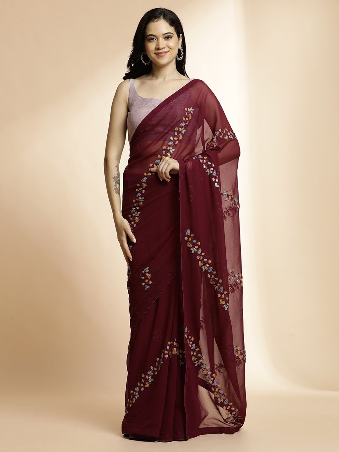 

Jaipur Kurti Floral Sequinned Pure Georgette Saree, Maroon