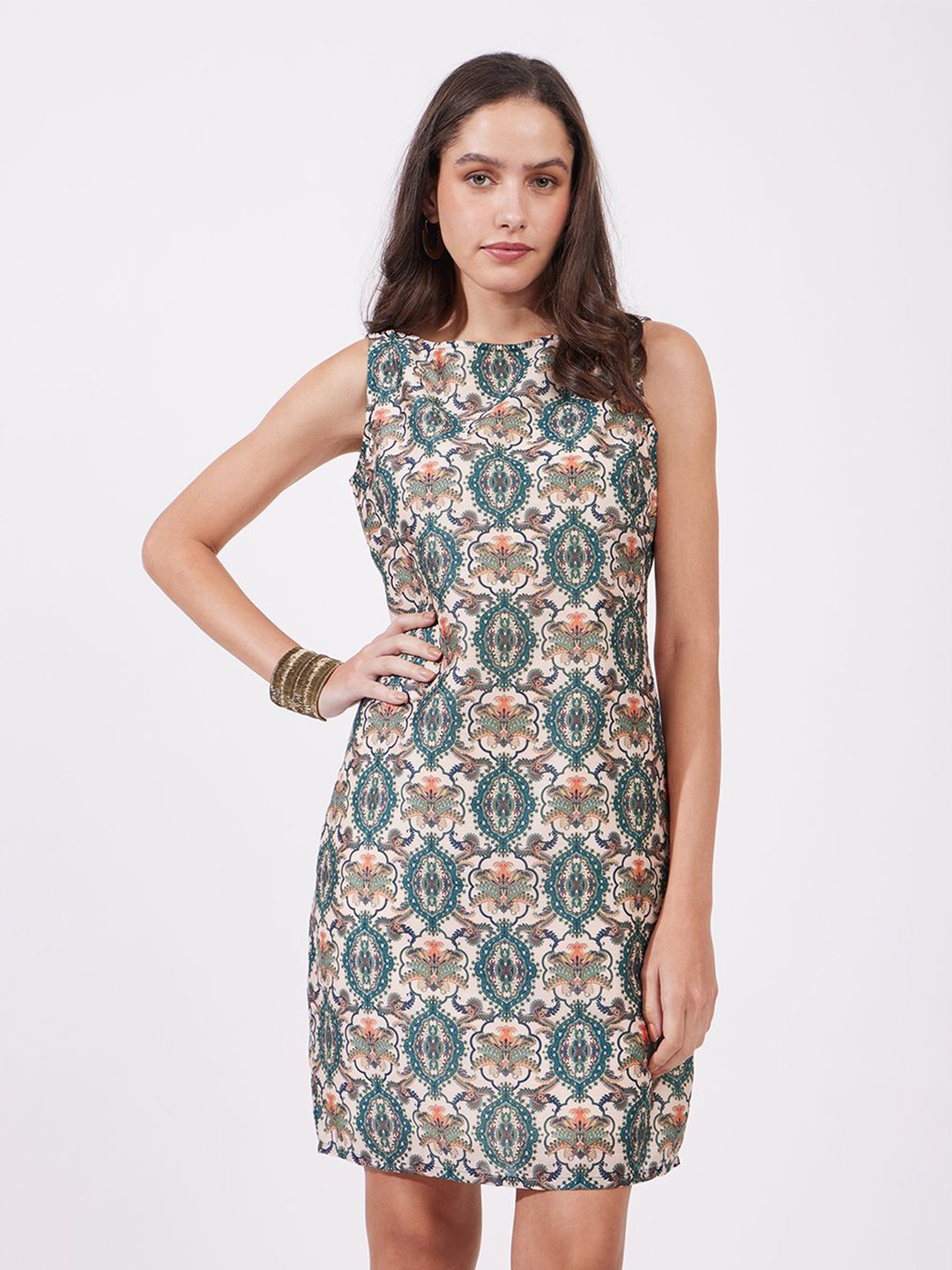 

FableStreet Ethnic Motifs Printed Sheath Dress, Off white