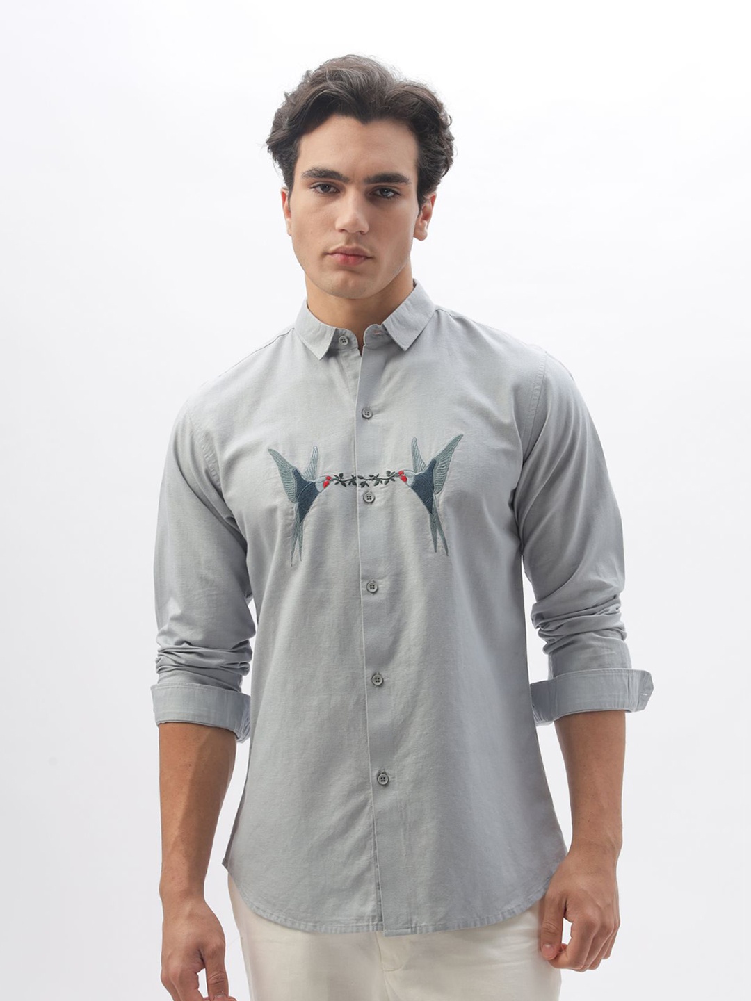 

HAMPTONS Men Cotton Spread Collar Embroidered Casual Shirt, Grey