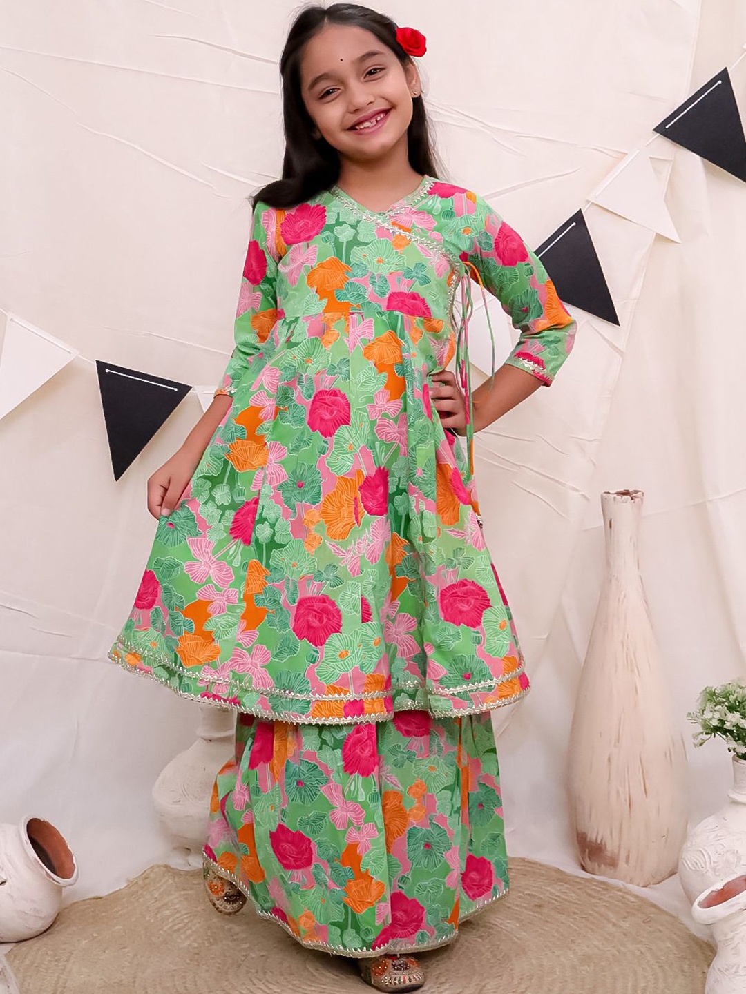 

Ka-mee Girls Floral Printed Gotta Patti Pure Cotton Kurta with Sharara, Pink