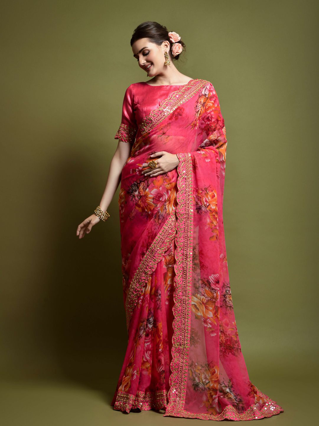 

Krimmple Floral Sequinned Pure Georgette Saree, Pink