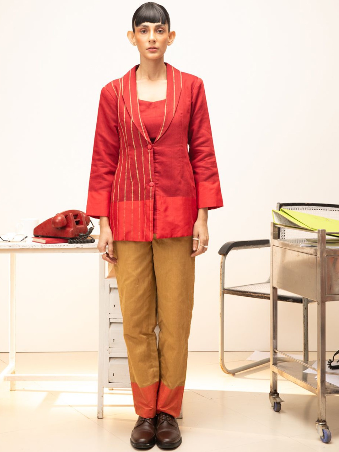 

Indethnic Striped Pure Cotton Top & Trousers With Coat, Red