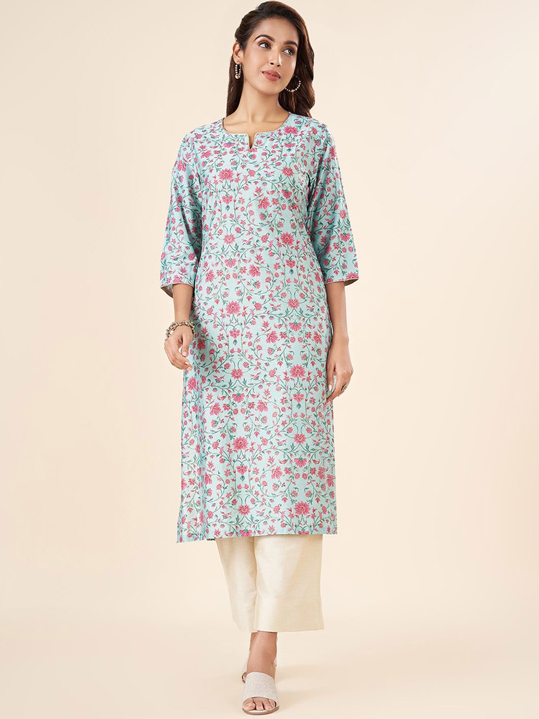 

RANGMANCH BY PANTALOONS Floral Printed Straight Kurta, Blue