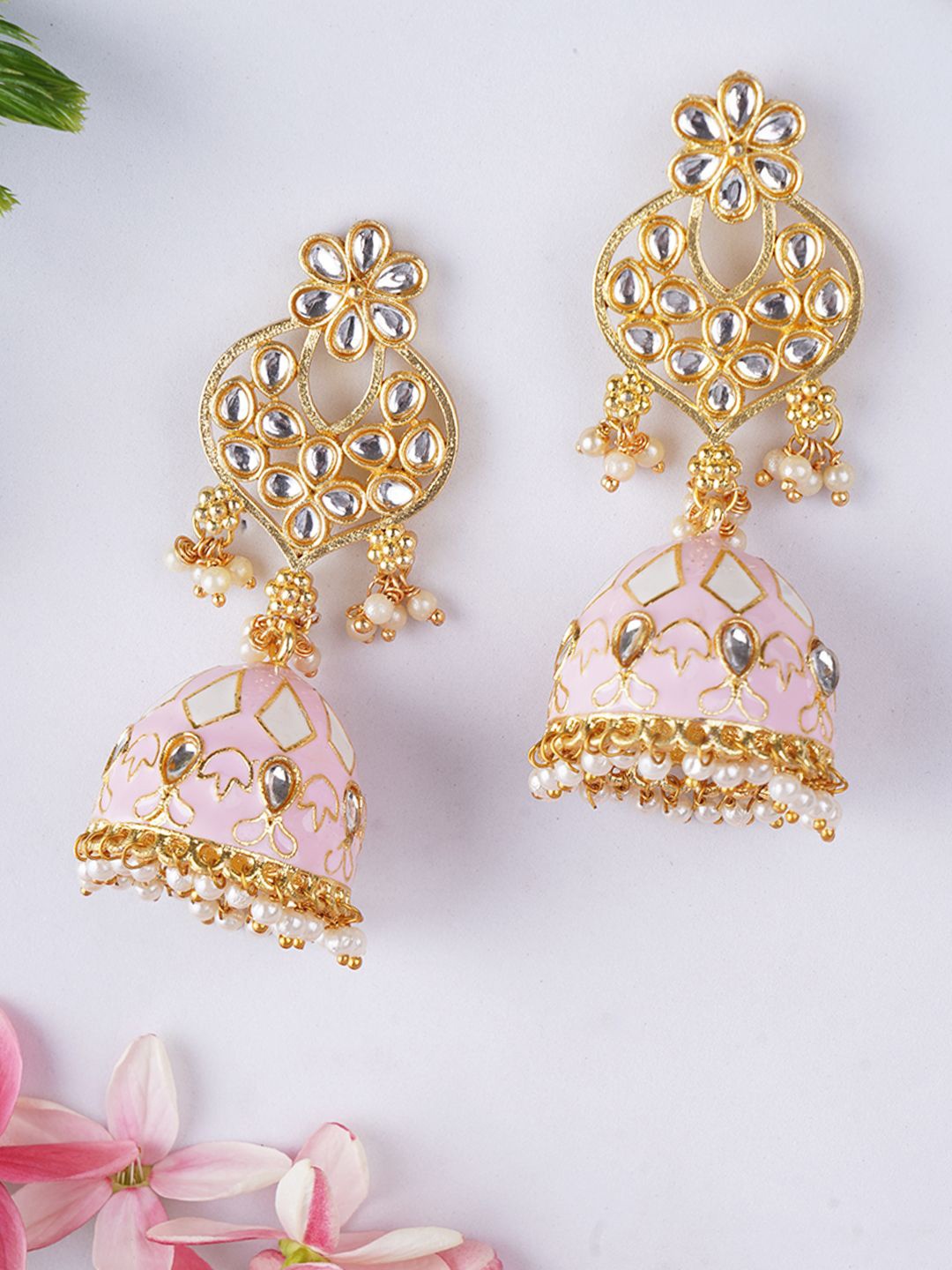 

Adwitiya Collection Gold-Plated Kundan Studded Meenakari Dome Shaped Jhumkas, Pink