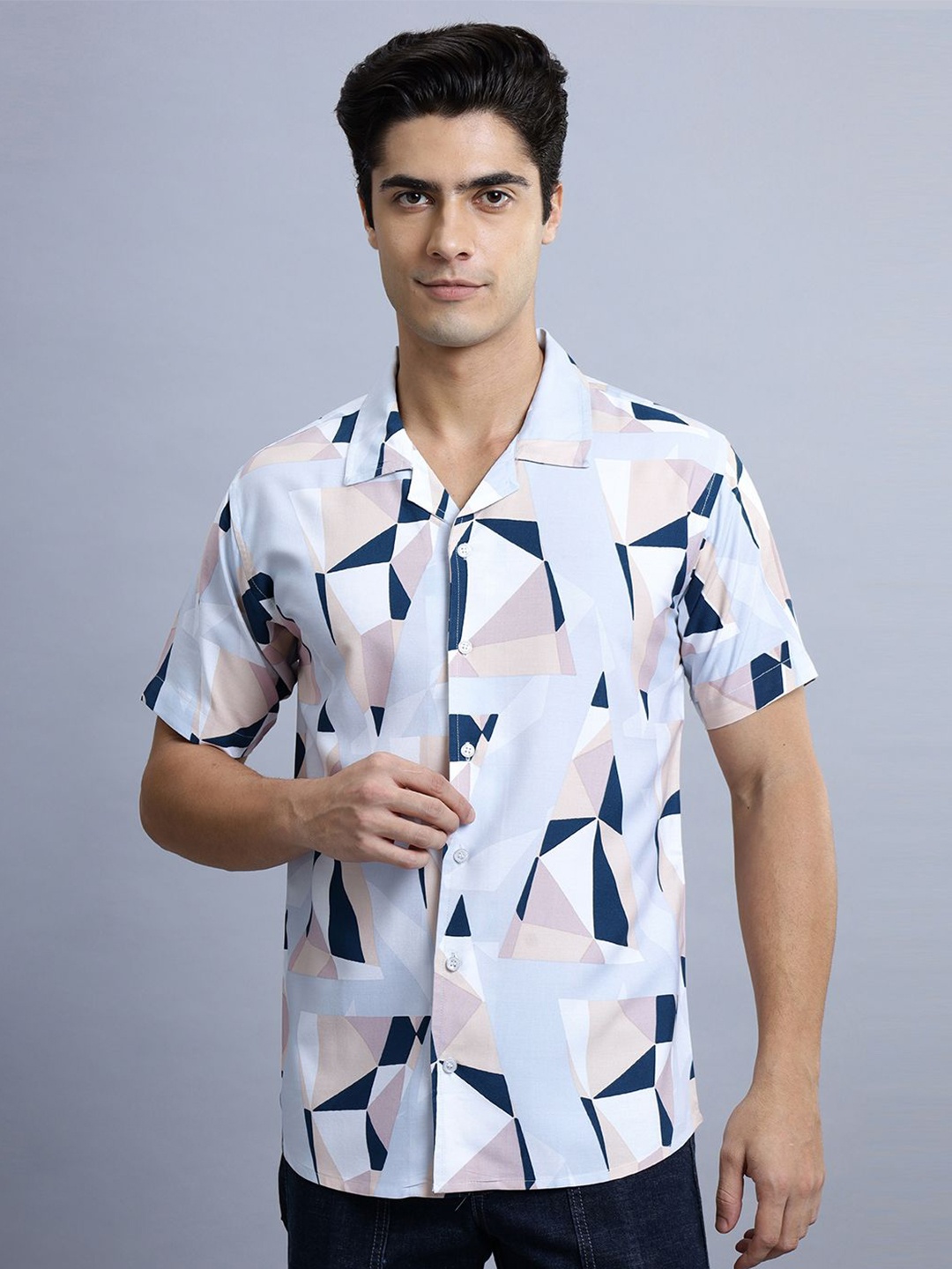

N AND J Men Classic Spread Collar Geometric Printed Cotton Casual Shirt, Grey