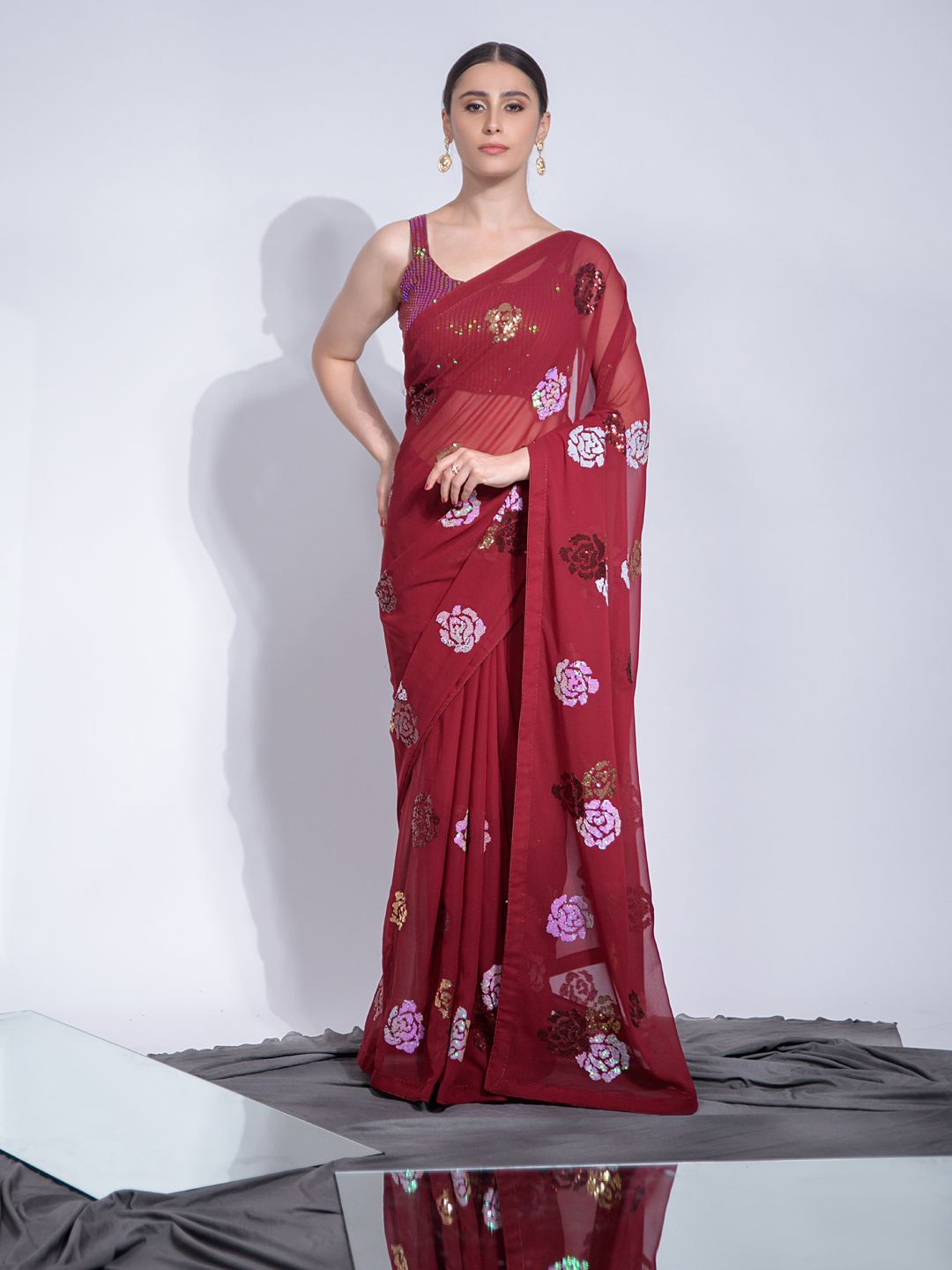 

Krimmple Floral Embroidered Pure Georgette Saree, Maroon