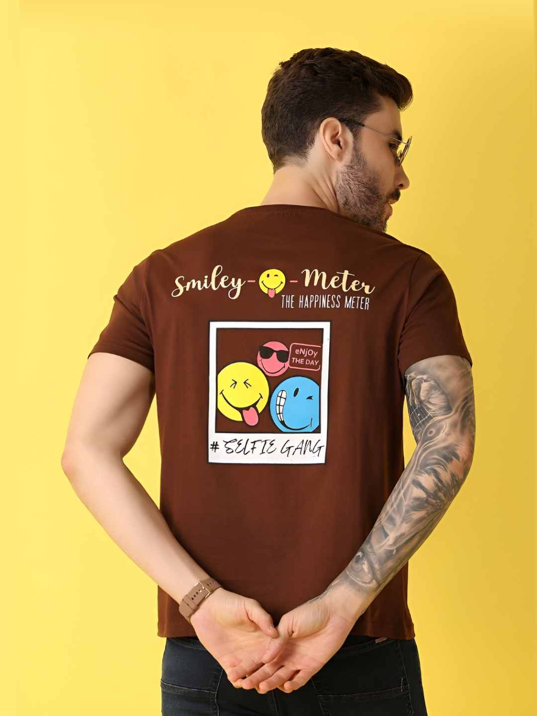 

V-Mart Men Graphic Printed Round Neck Cotton Slim Fit T-shirt, Brown