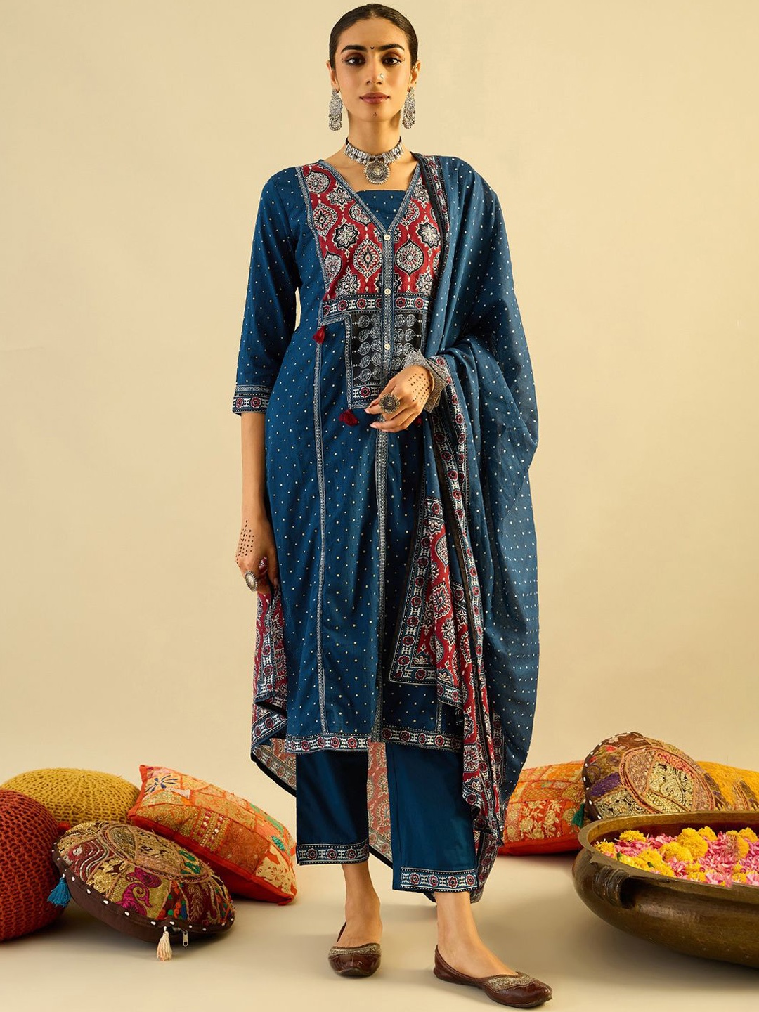 

Indo Era Ethnic Motifs Printed Pure Cotton Straight Kurta With Trousers & Dupatta, Blue