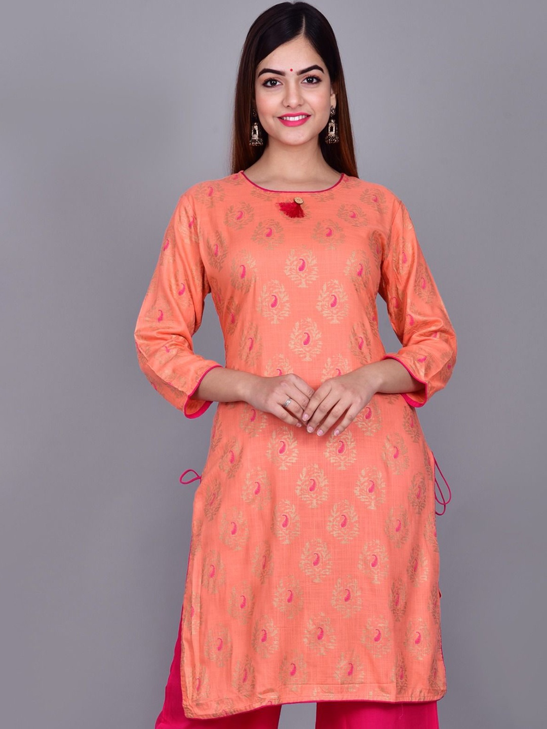 

BAESD Ethnic Motifs Woven Design Round Neck Straight Kurta, Orange