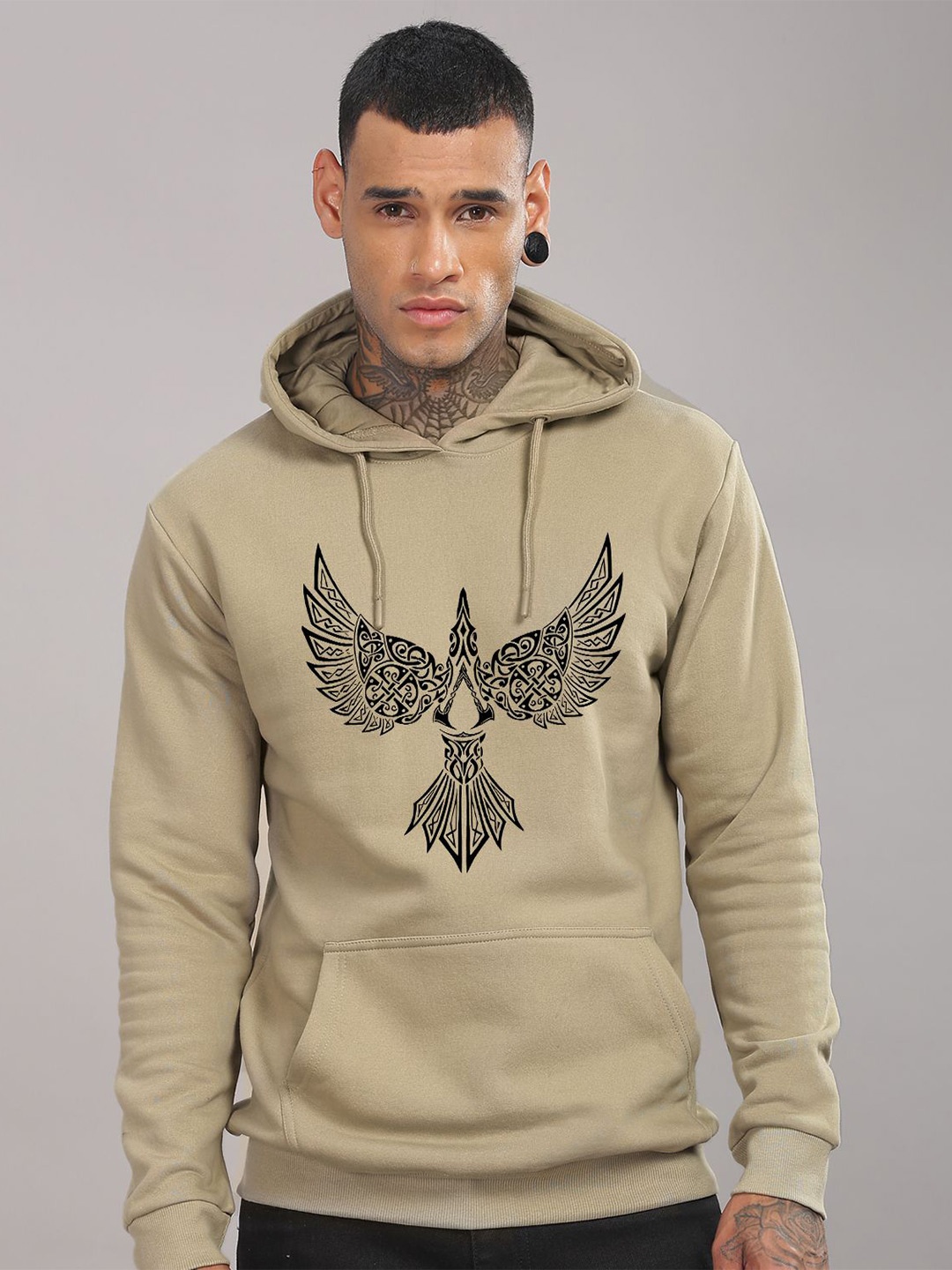 

ADRO Men Graphic Printed Hood Cotton Pullover Sweatshirt, Beige