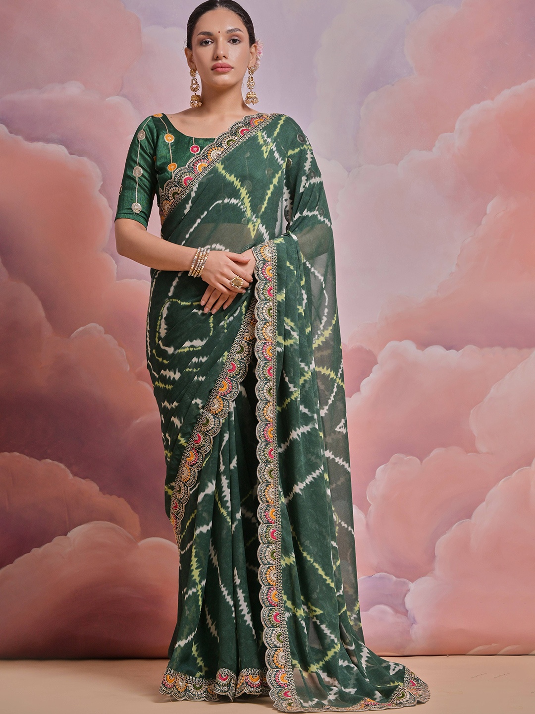 

Krimmple Sequinned Pure Georgette Saree, Green