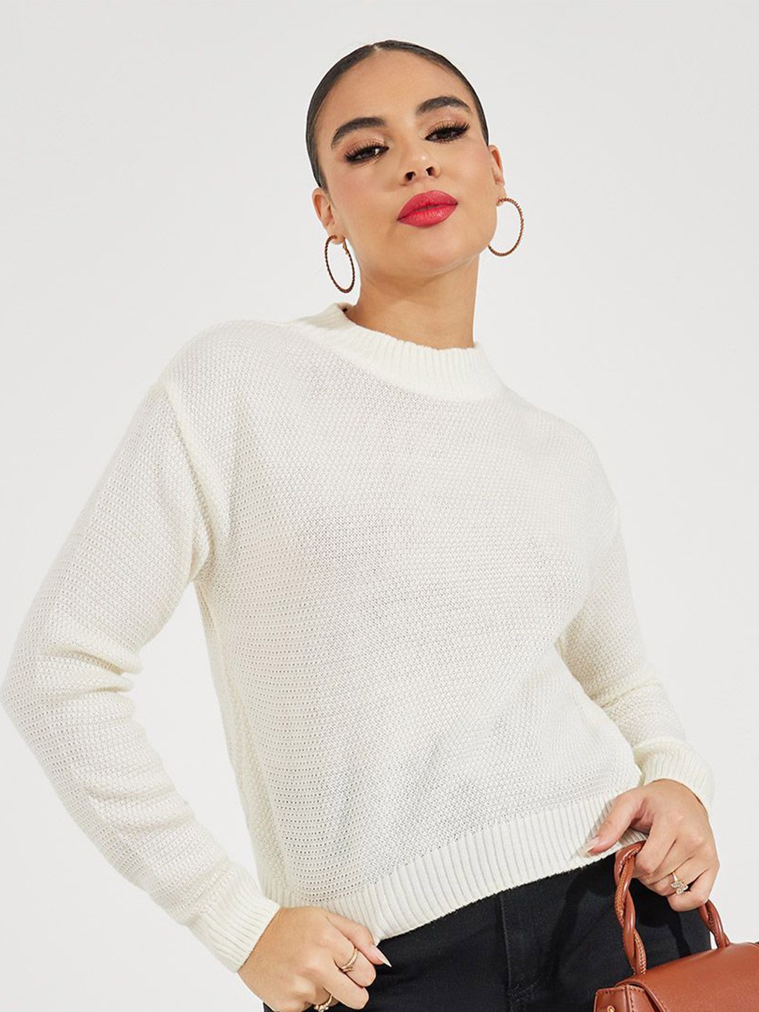

Styli Women Round Neck Ribbed Pullover, Off white