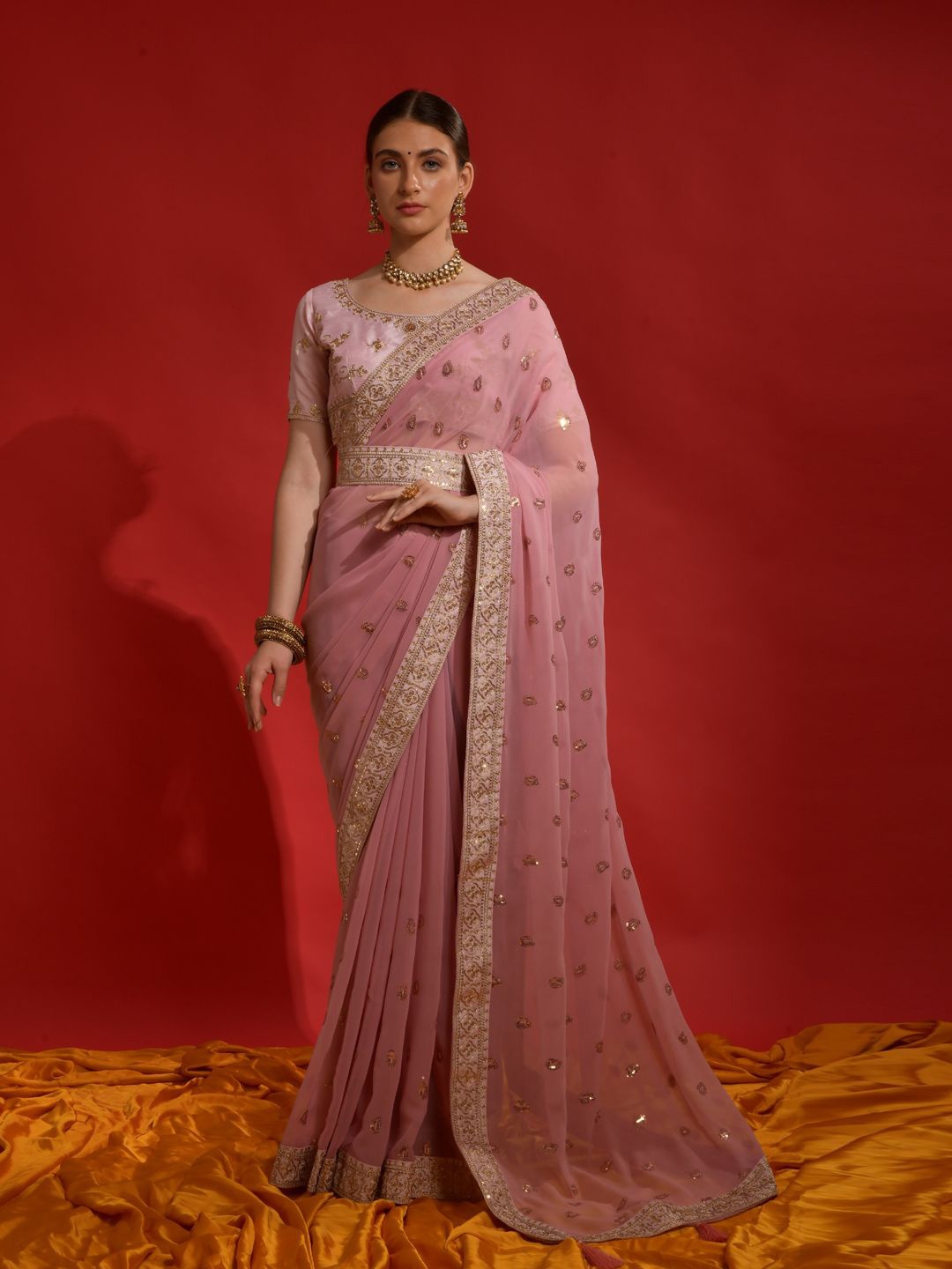 

Krimmple Floral Embroidered Pure Georgette Saree, Pink