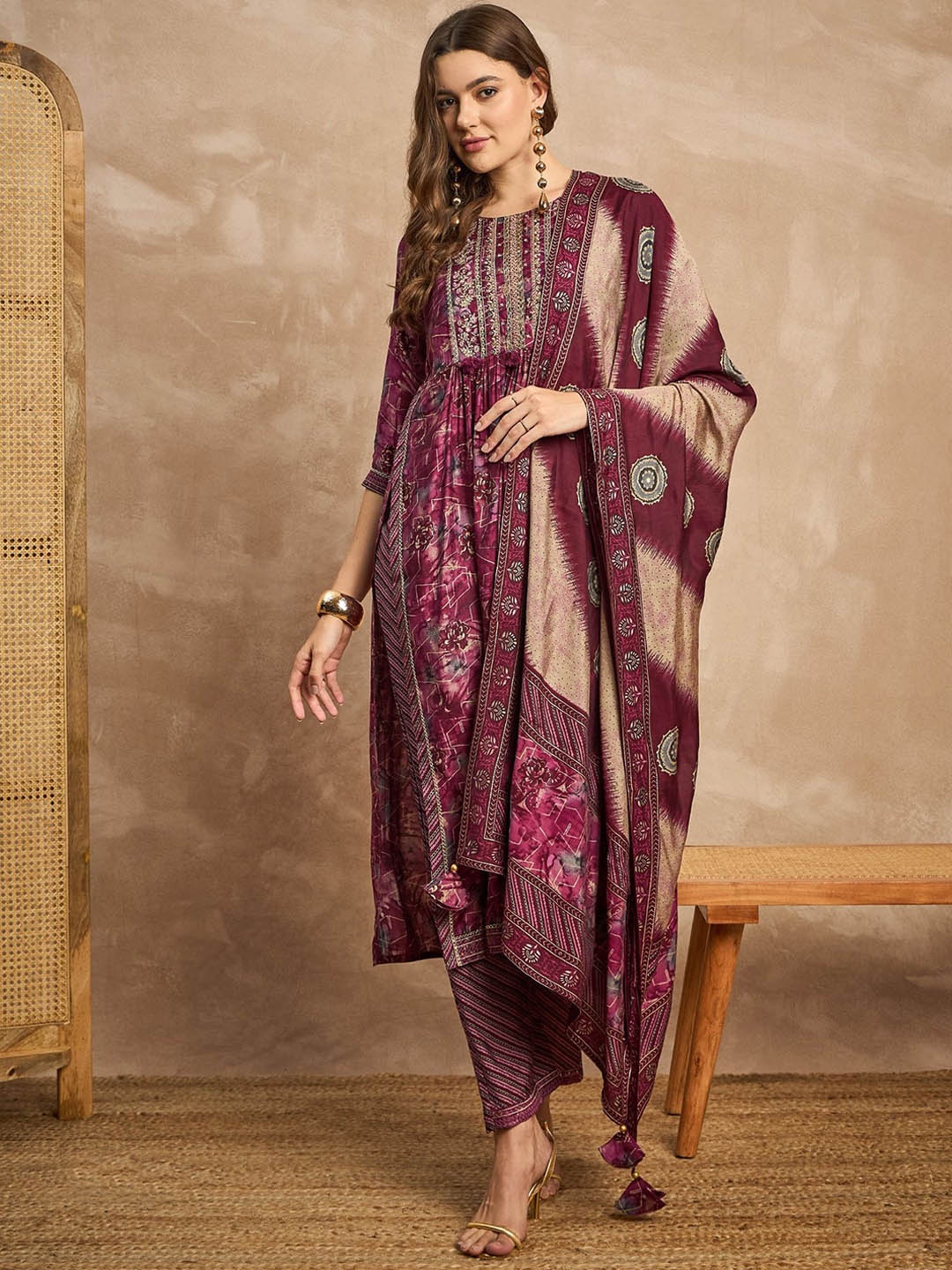 

all about you Maroon & Gold Floral Printed A-Line Kurta with Trousers & Dupatta