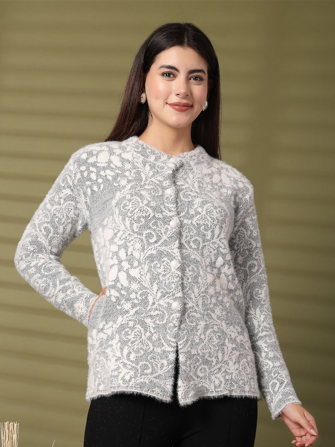 

Clora Creation Women Floral Woollen Cardigan, Grey