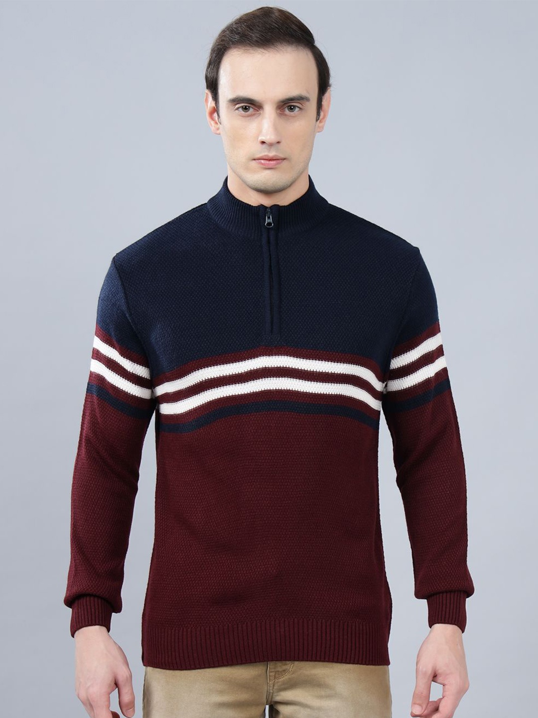 

Cantabil Men Striped Mock Collar Zip Detail Pullover, Maroon