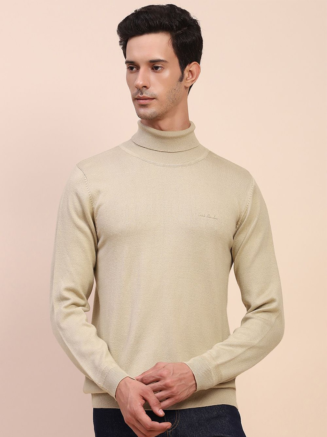 

CAMLA Men Beige Acrylic Long Sleeves Turtle Neck Pullover Sweaters