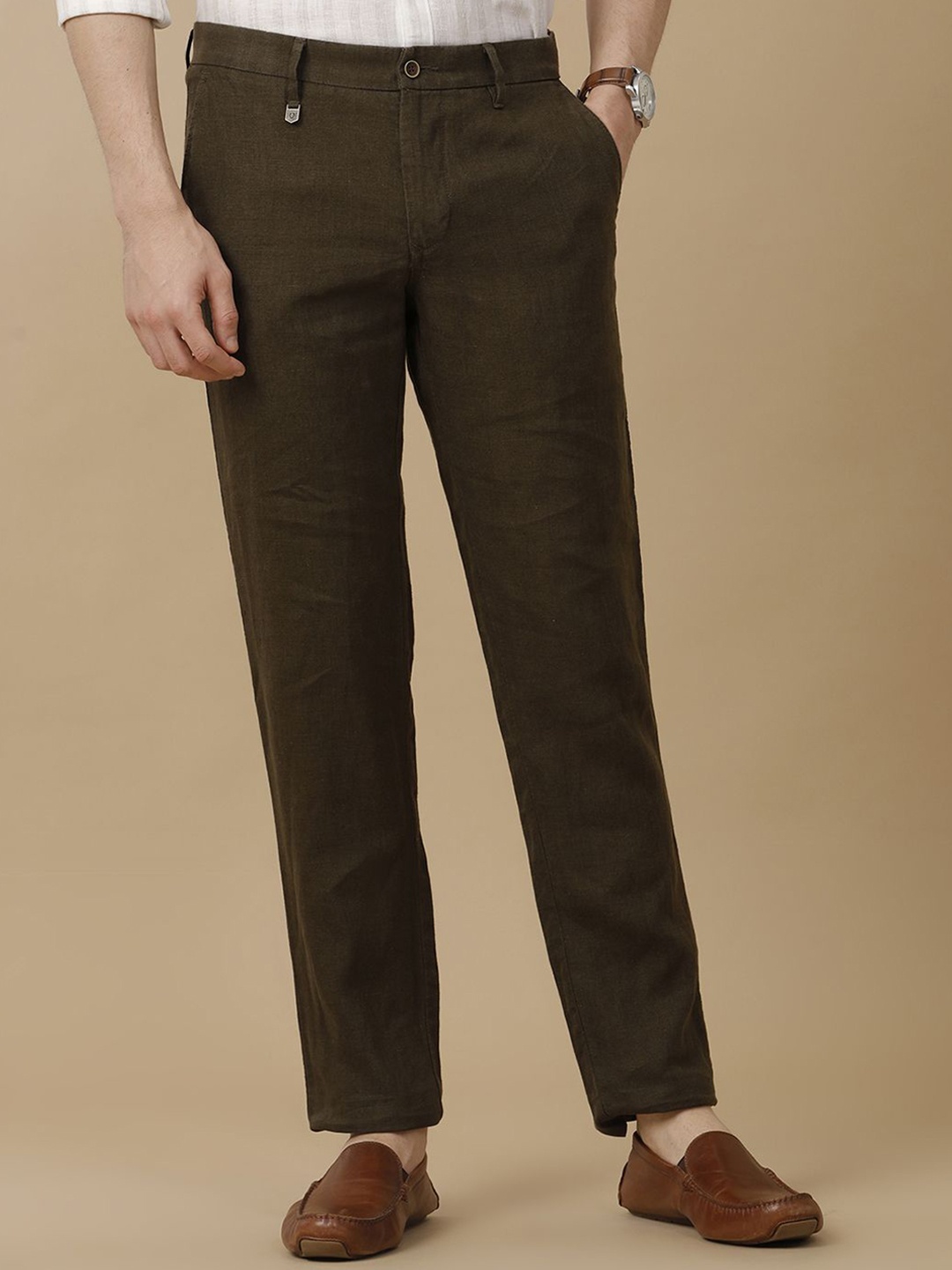 

Linen Club Men Smart Slim Fit Easy Wash Trousers, Brown
