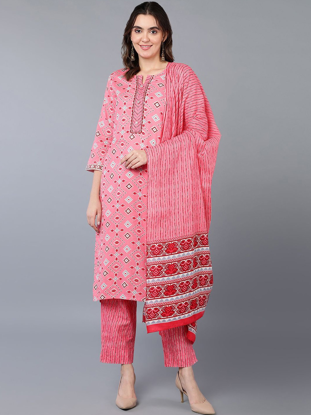 

AHIKA Pink Ethnic Motifs Printed Notch Neck Pure Cotton Kurta with Trousers & Dupatta