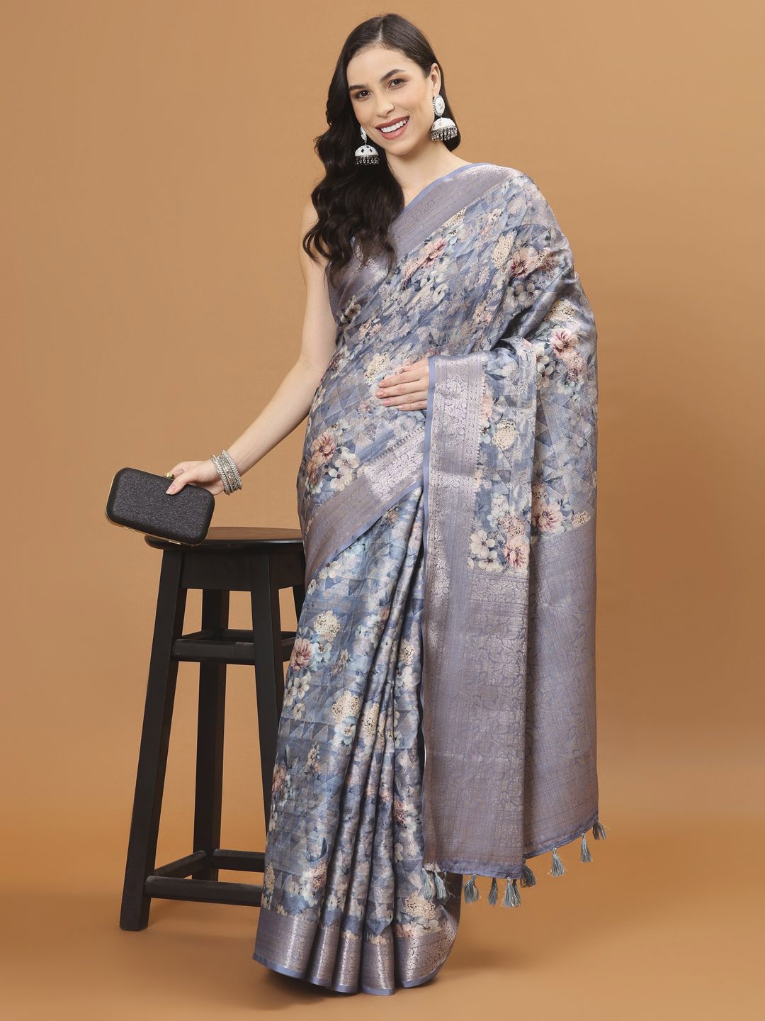 

Meena Bazaar Floral Printed Zari Woven Design Saree With Blouse Piece, Grey