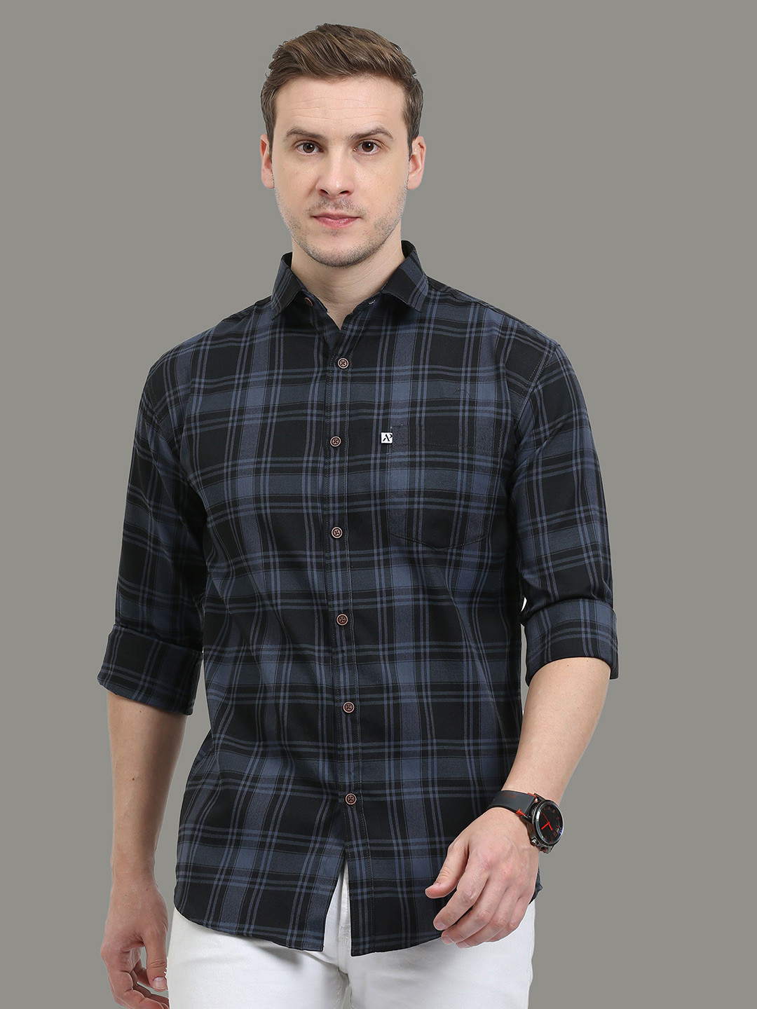 

ALLWIN PAUL Men Comfort Spread Collar Checked Cotton Casual Shirt, Grey