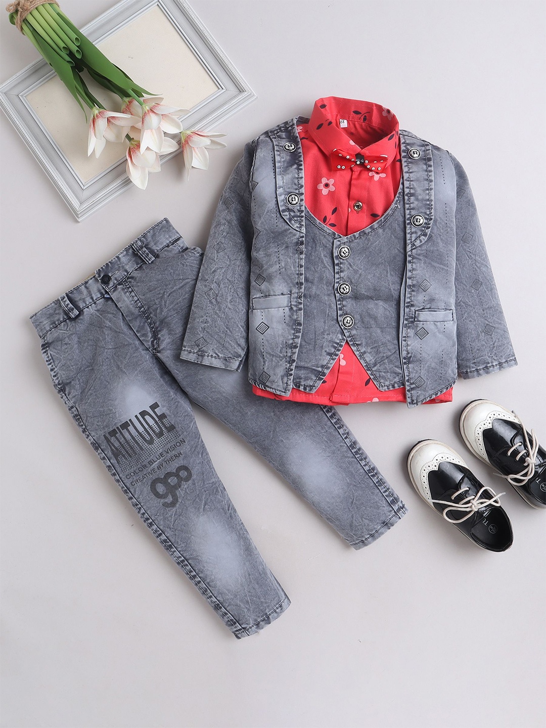 

FOURFOLDS Boys Single-Breasted Shirt With Jeans & Jacket Set, Grey