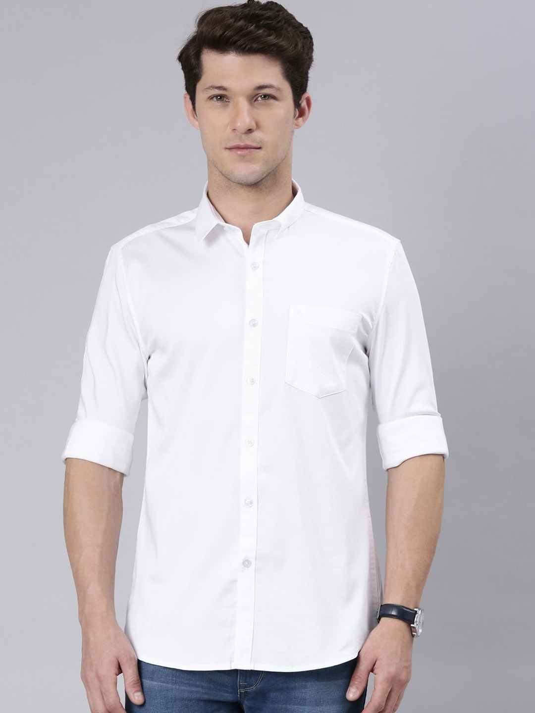 

Classic Polo Men India Slim Spread Collar Solid Cotton Casual Shirt, White