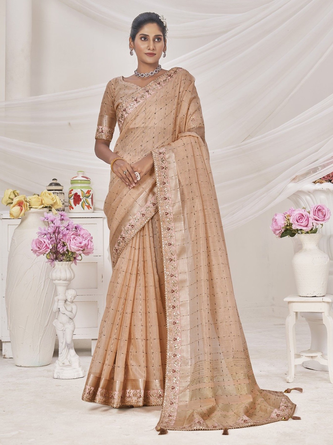 

Panzora Embellished Zari Banarasi Saree, Peach