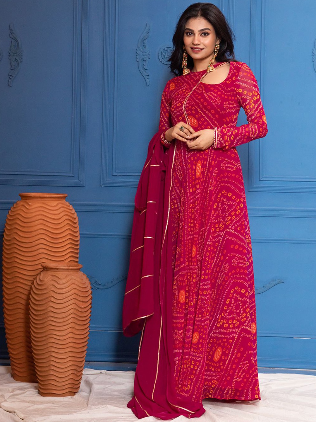 

NUD Bandhani Printed Gotta Patti Georgette Anarkali Kurta, Pink