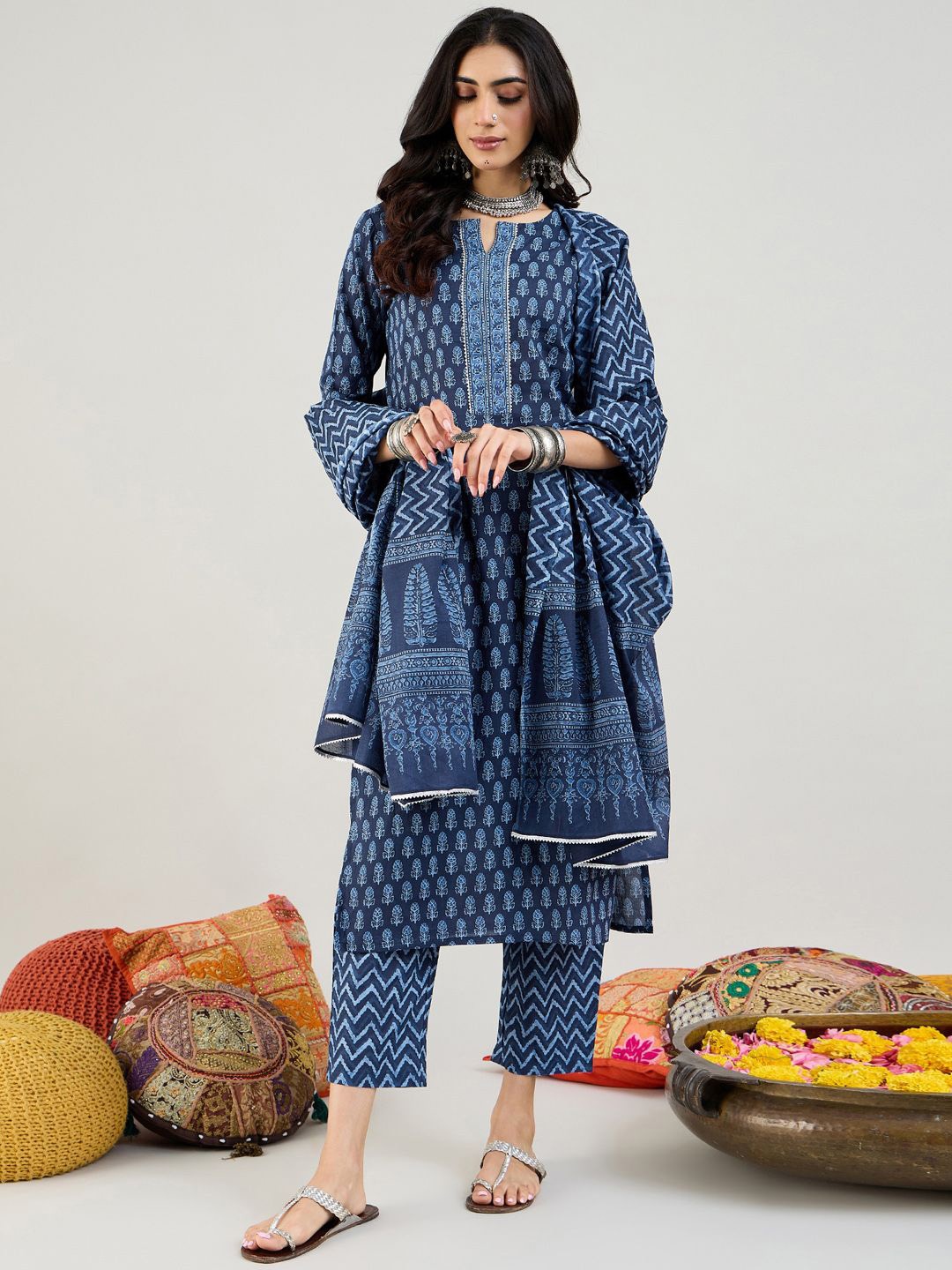 

Indo Era Ethnic Motifs Printed Gotta Patti Pure Cotton Kurta With Trousers & Dupatta, Blue