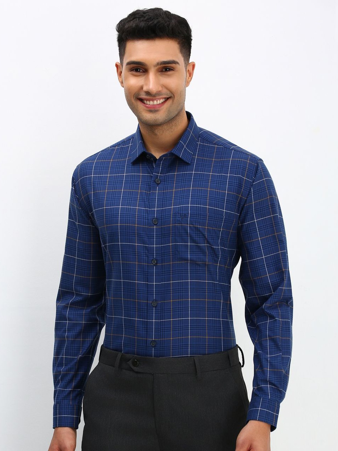 

Allen Solly Men Spread Collar Checked Cotton Slim Fit Formal Shirt, Navy blue