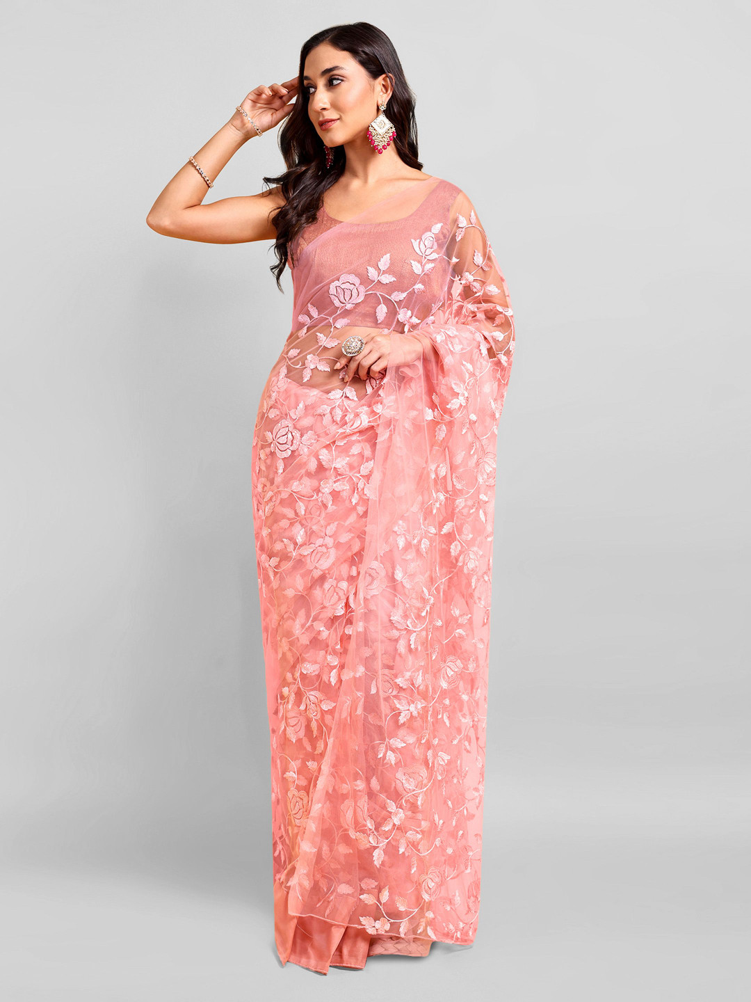 

DOERAA Floral Embroidered Saree With Blouse Piece, Pink