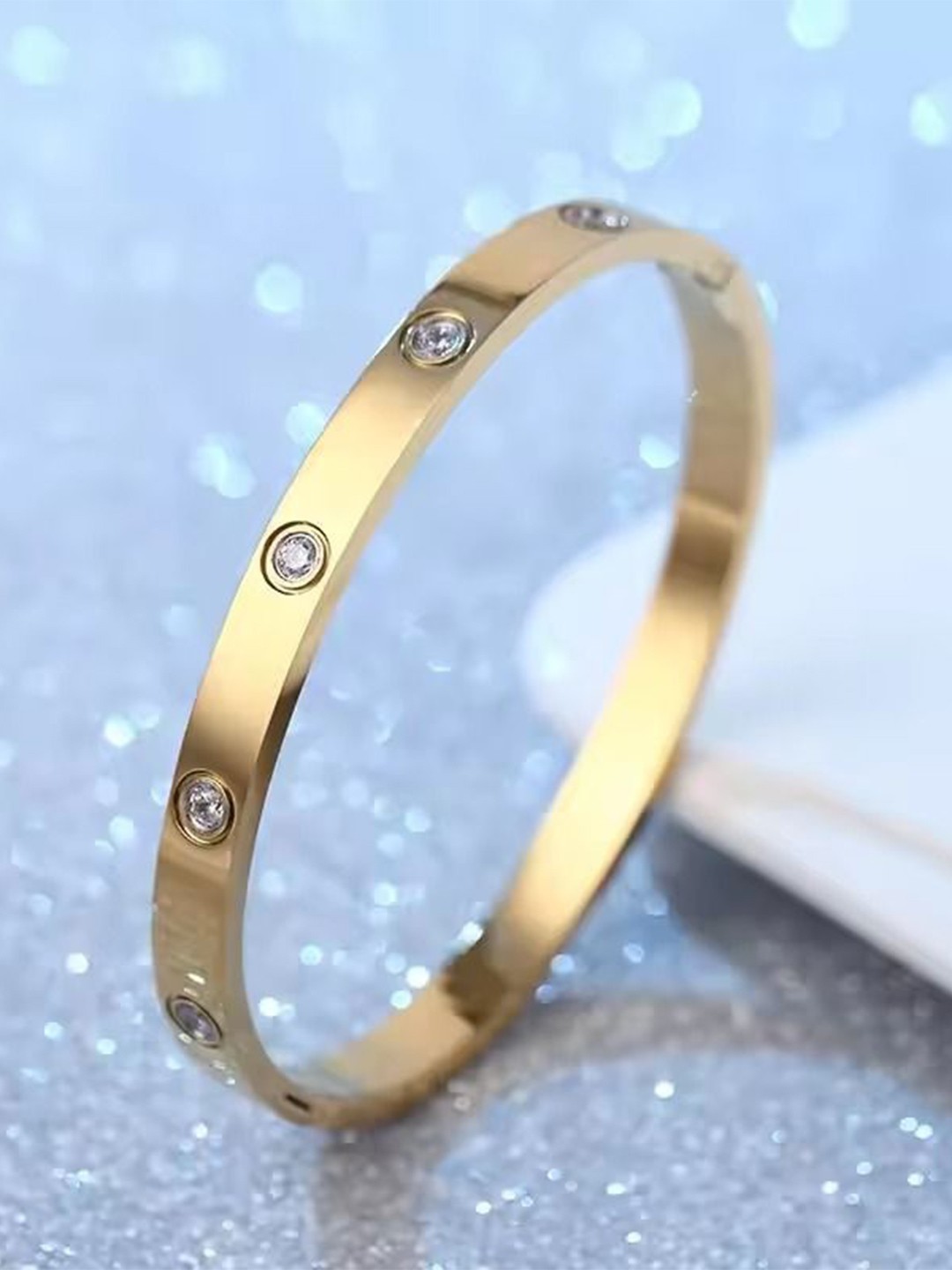 

MEENAZ Stainless Steel 18K Gold-Plated Cubic Zirconia Kada Bracelet