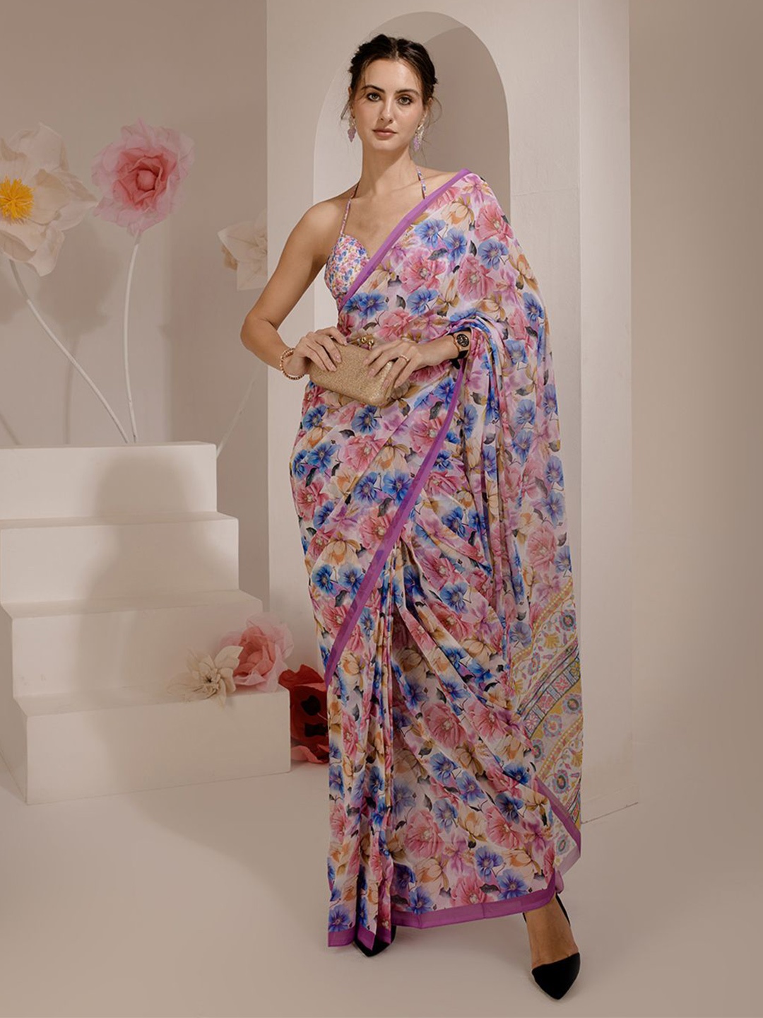 

BAESD Floral Printed Pure Silk Saree, Pink