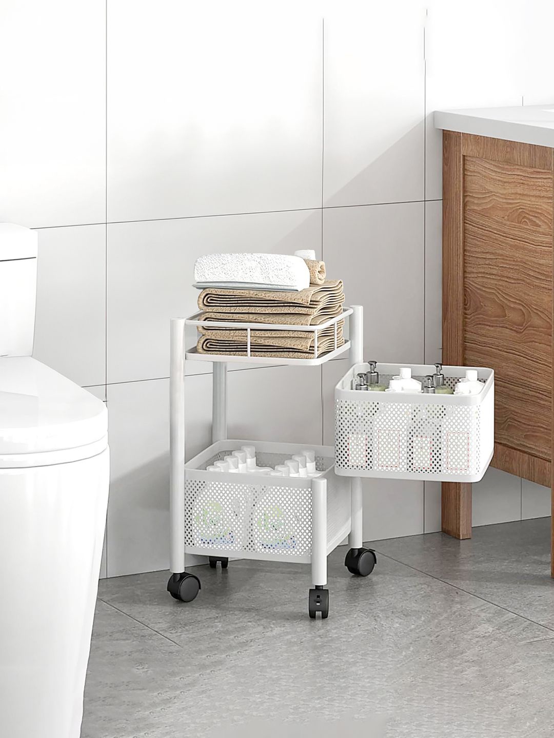 

Kuber Industries White 2 Pieces 2-Tier Revolving Storage Rack with Wheels