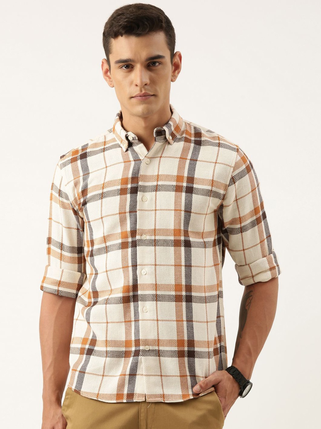 

ROLLER FASHIONS Men Button-Down Collar Tartan Checked Cotton Slim Fit Casual Shirt, Beige
