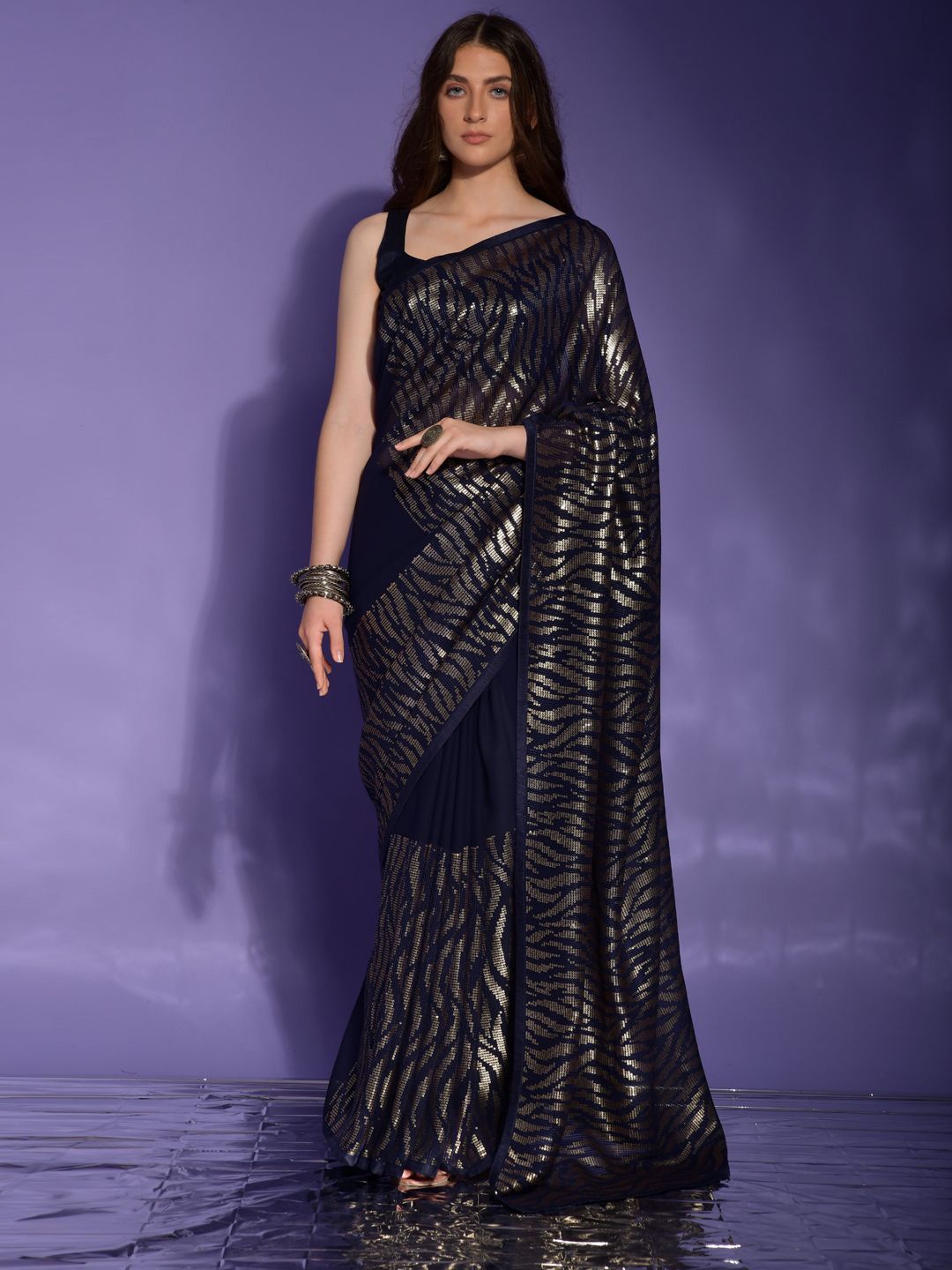 

Krimmple Sequinned Pure Georgette Saree, Navy blue
