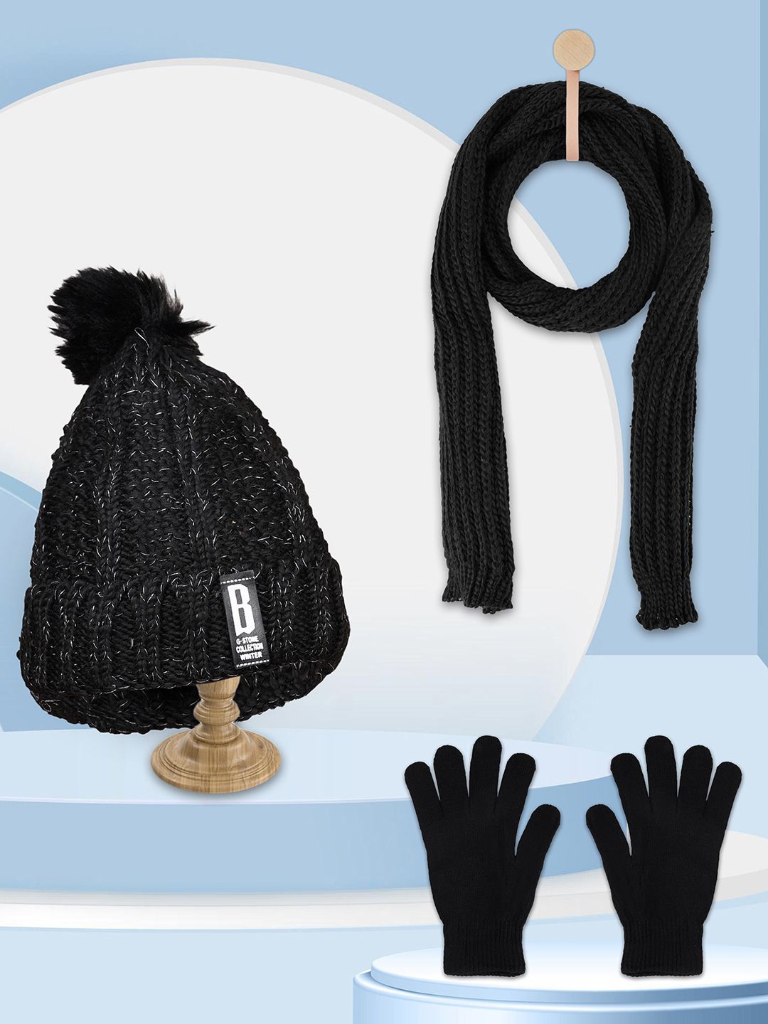 

PASSION PETALS Kids Woollen Beanie With Scarf Muffler & Gloves, Black