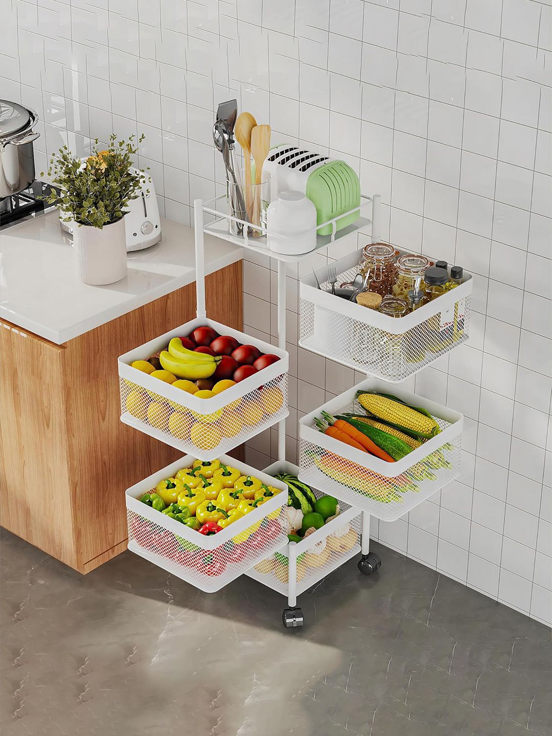 

Kuber Industries White 5-Tier Revolving Storage Rack with Wheels