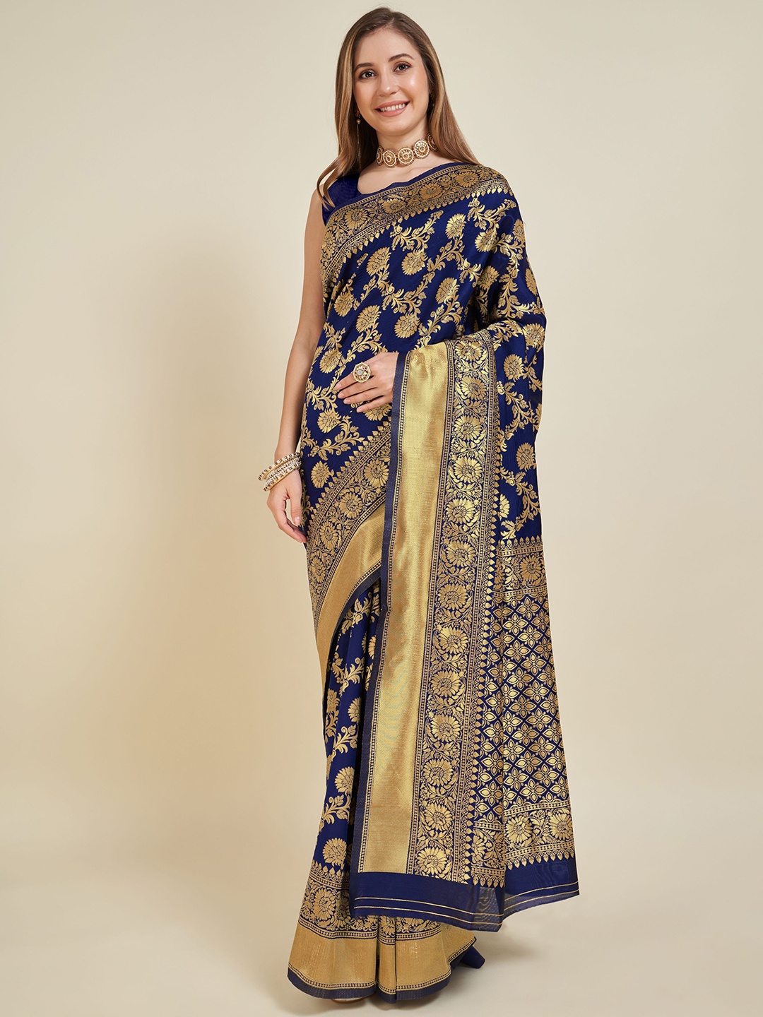 

Kriyansh Floral Zari Kanjeevaram Saree, Navy blue