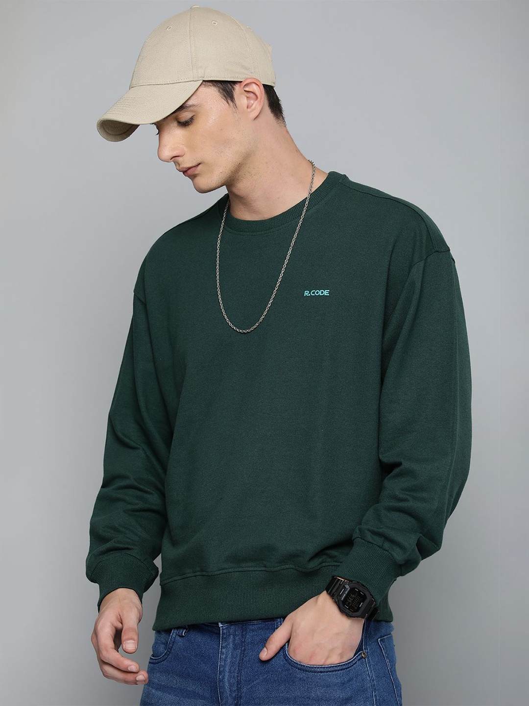 

R.Code by The Roadster Life Co. Men Brand Logo Printed Cotton Pullover Sweatshirt, Green