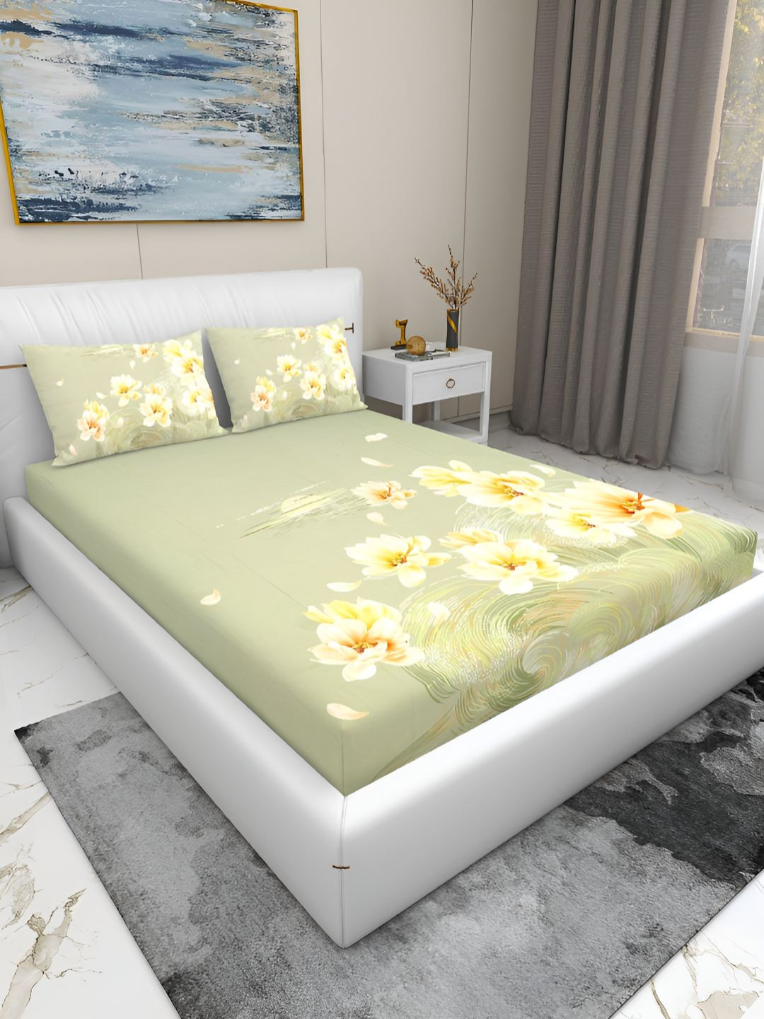 

GAPU & BALY Kids Green & Yellow Floral Printed 180 TC King Bedsheet & 2 Pillow Covers