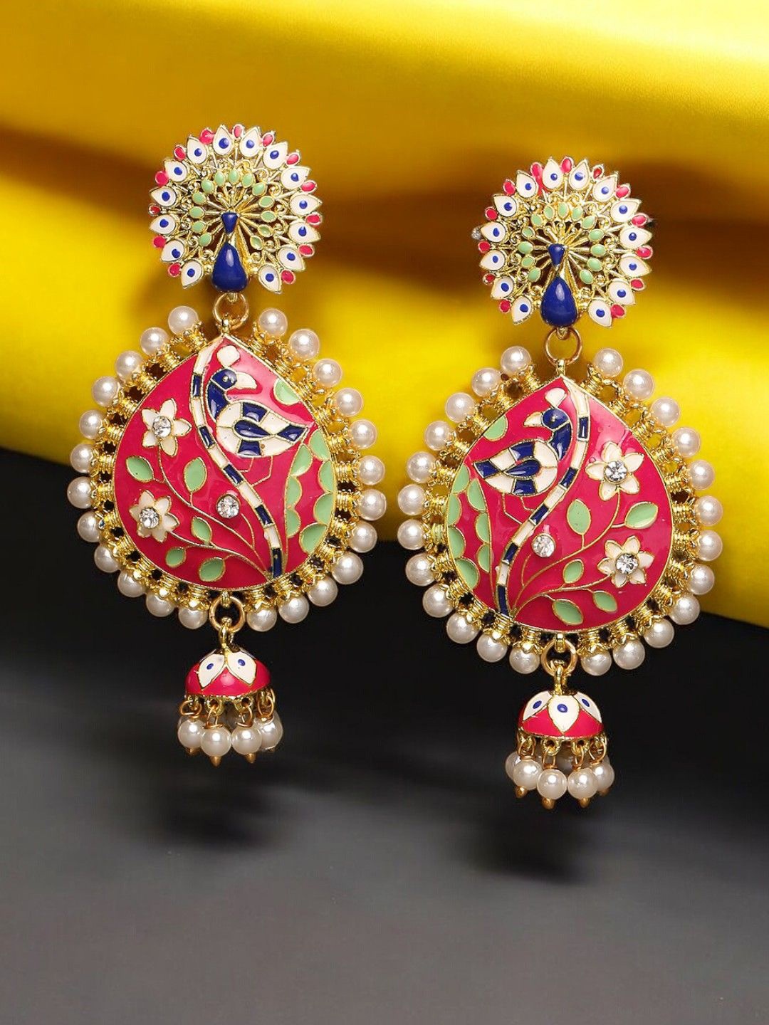 

OOMPH Meenakari & Pearls Peacock Shaped Drop Earrings, Gold