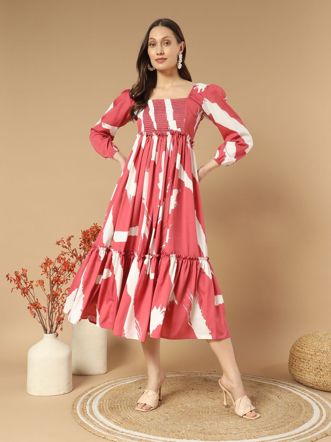 

ZWERLON Women Abstract Printed Square Neck A-Line Dress, Peach