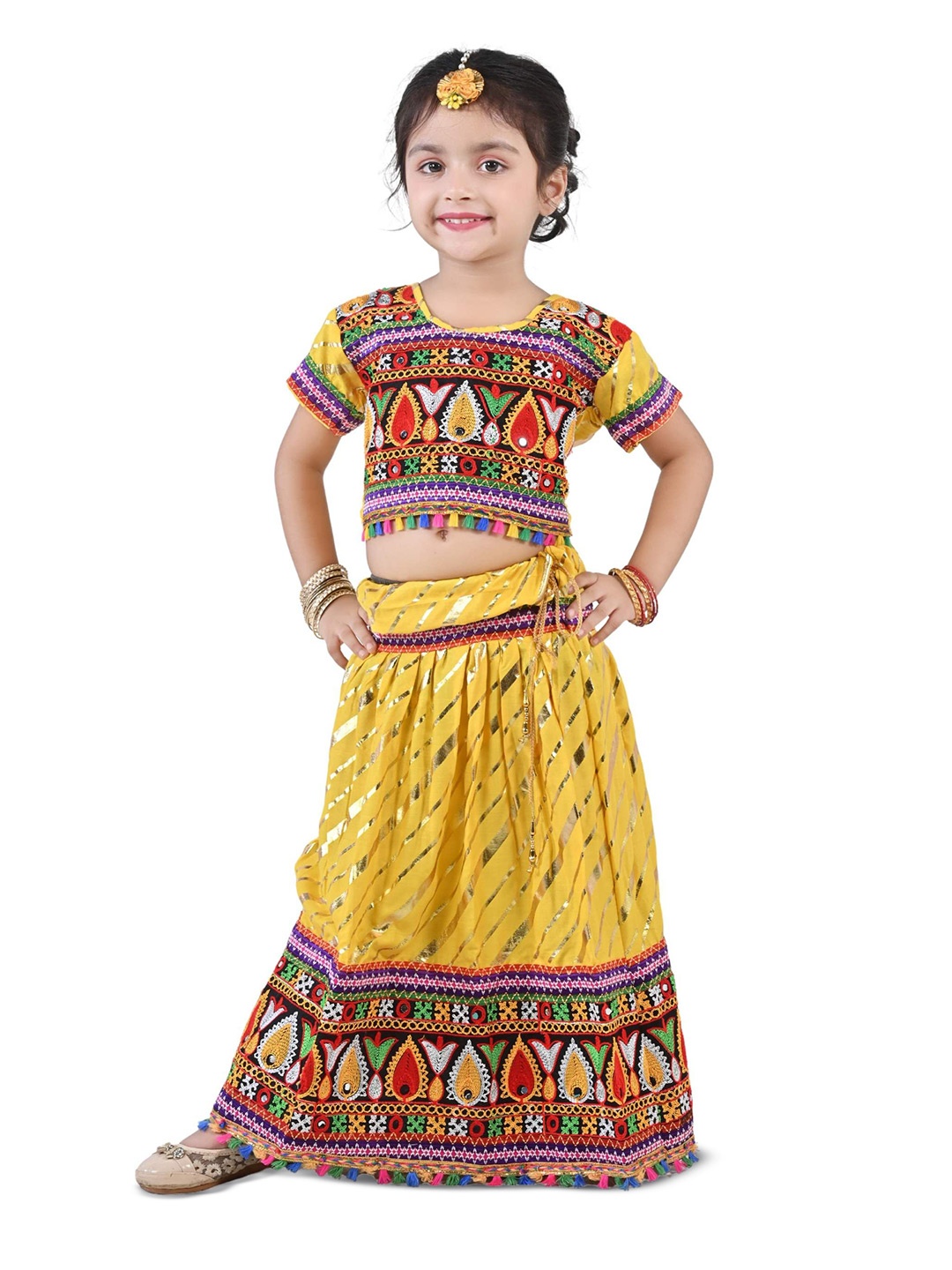 

ahhaaaa Girls Embroidered Mirror Work Cotton Ready to Wear Lehenga & Blouse With Dupatta, Yellow