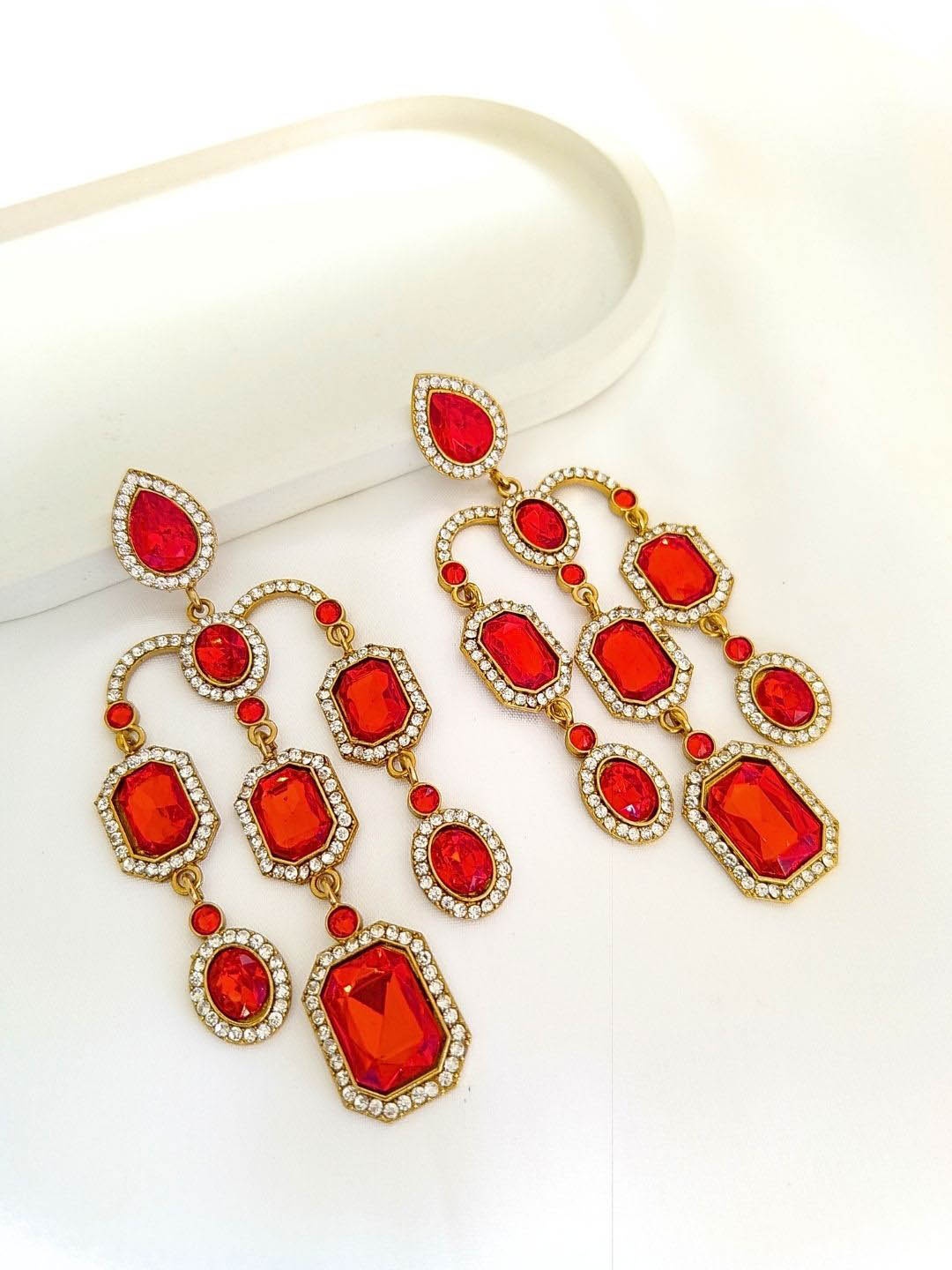 

DressBerry Gold Plated American Diamond Drop Earrings, Red